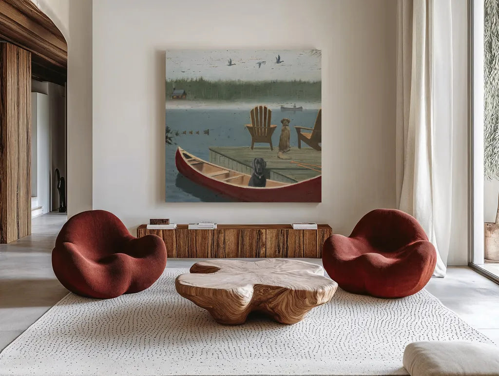 Lodge Trail Crop by James Wiens. Shown as extra-large giant wall art in a modern living room. Available as an archival giclee rolled canvas, fine art paper, or poster print. SKU 15490a.
