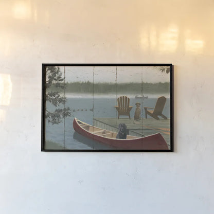 Lodge Trail no Cabin and Geese by James Wiens. shown as a paper print in a black flame. Available as a archival giclee rolled canvas, fine art paper, or poster print. SKU 22982i.