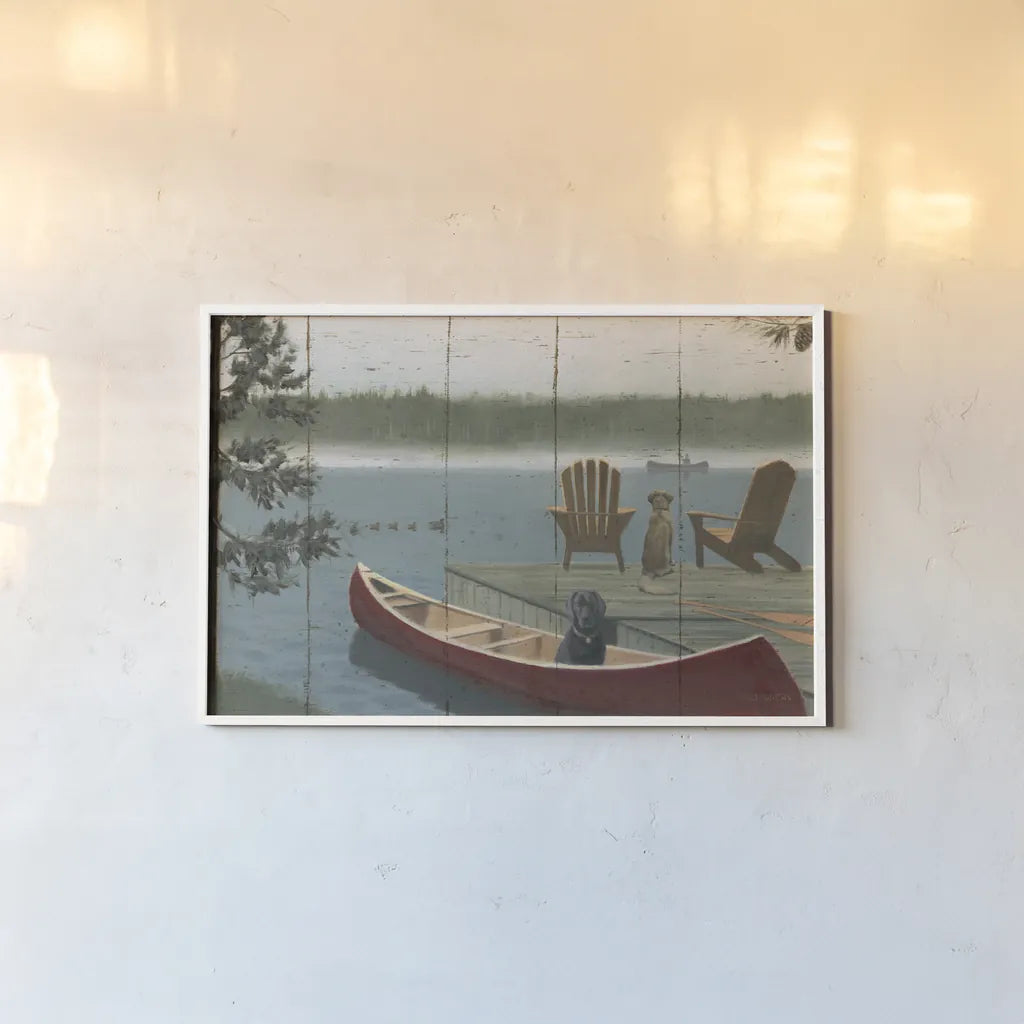 Lodge Trail no Cabin and Geese by James Wiens. shown as a paper print in a white frame. Available as a archival giclee rolled canvas, fine art paper, or poster print. SKU 22982i.