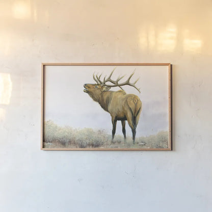 Majestic Elk Brown by James Wiens. shown as a paper print in a natural frame. Available as a archival giclee rolled canvas, fine art paper, or poster print. SKU 30571i.