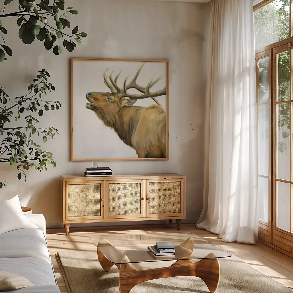 Majestic Elk Brown Crop by James Wiens. Shown in a natural wood frame in a cozy modern living room. Available as an archival giclee rolled canvas, fine art paper, or poster print. SKU 30571a.