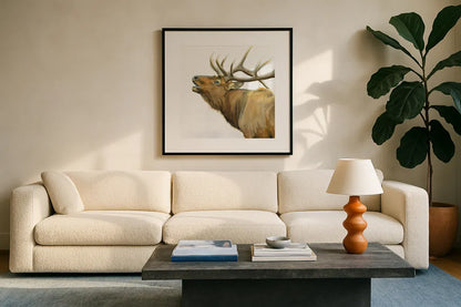 Majestic Elk Brown Crop by James Wiens. Displayed in a glass frame with matte in a clean modern living room. Available as an archival giclee rolled canvas, fine art paper, or poster print. SKU 30571a.