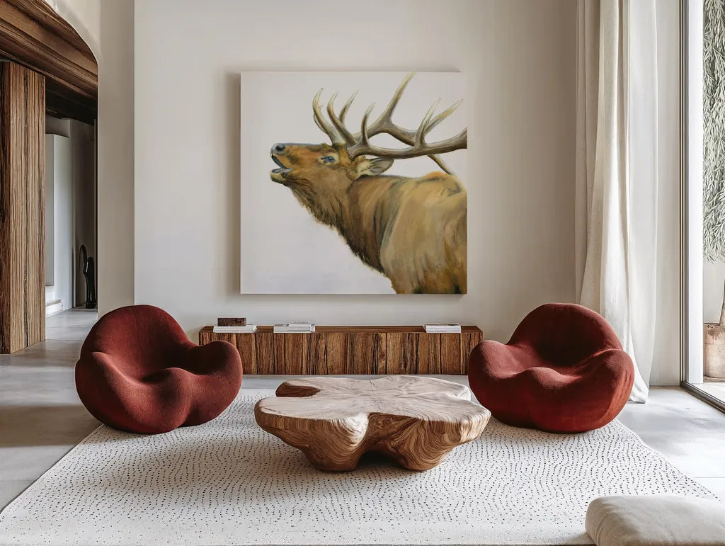 Majestic Elk Brown Crop by James Wiens. Shown as extra-large giant wall art in a modern living room. Available as an archival giclee rolled canvas, fine art paper, or poster print. SKU 30571a.