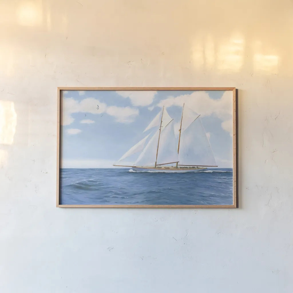 Majestic Sailboat by James Wiens. shown as a paper print in a natural frame. Available as a archival giclee rolled canvas, fine art paper, or poster print. SKU 46436i.