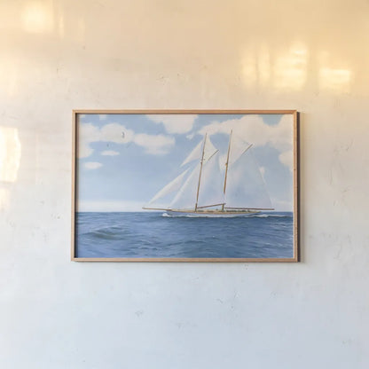 Majestic Sailboat by James Wiens. shown as a paper print in a natural frame. Available as a archival giclee rolled canvas, fine art paper, or poster print. SKU 46436i.