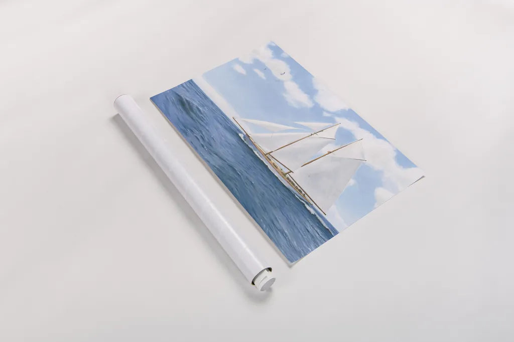 Majestic Sailboat White Sails by James Wiens. shown as a rolled paper print. Available as archival giclee rolled canvas, fine art paper, or poster print. SKU 61168i.