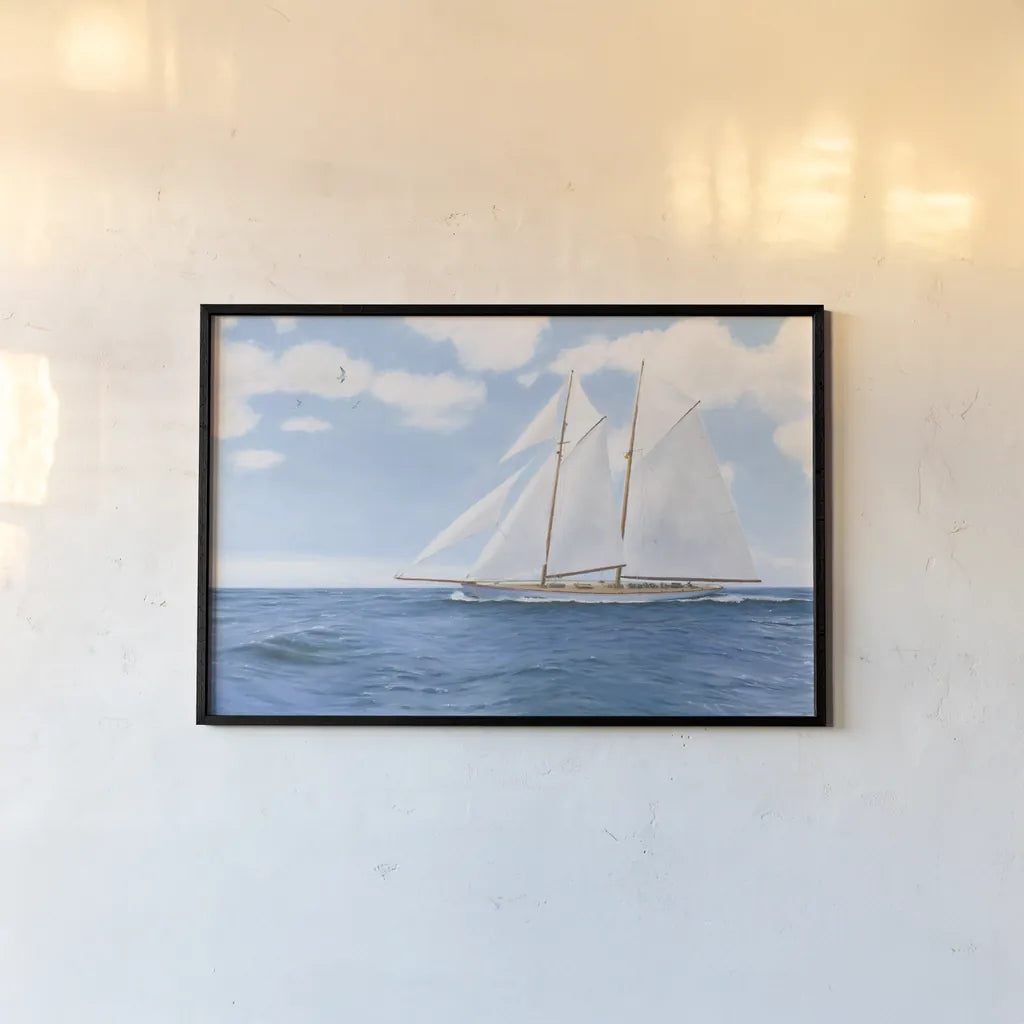 Majestic Sailboat White Sails by James Wiens. shown as a paper print in a black flame. Available as a archival giclee rolled canvas, fine art paper, or poster print. SKU 61168i.