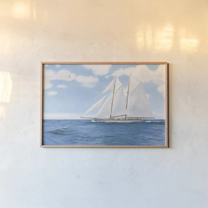 Majestic Sailboat White Sails by James Wiens. shown as a paper print in a natural frame. Available as a archival giclee rolled canvas, fine art paper, or poster print. SKU 61168i.