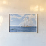 Majestic Sailboat White Sails by James Wiens. shown as a paper print in a white frame. Available as a archival giclee rolled canvas, fine art paper, or poster print. SKU 61168i.