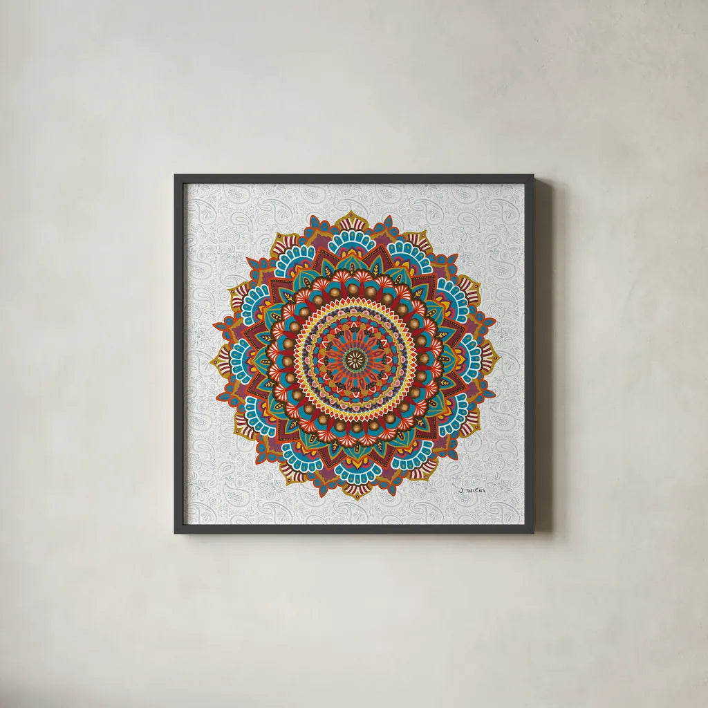 Mandala Dream by James Wiens. Shown in a sleek black glass frame for a contemporary gallery look. Available as an archival giclee rolled canvas, fine art paper, or poster print. SKU 37093a.