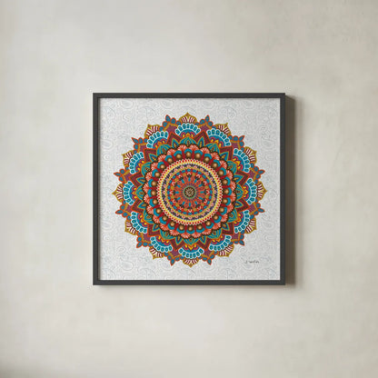 Mandala Dream by James Wiens. Shown in a sleek black glass frame for a contemporary gallery look. Available as an archival giclee rolled canvas, fine art paper, or poster print. SKU 37093a.