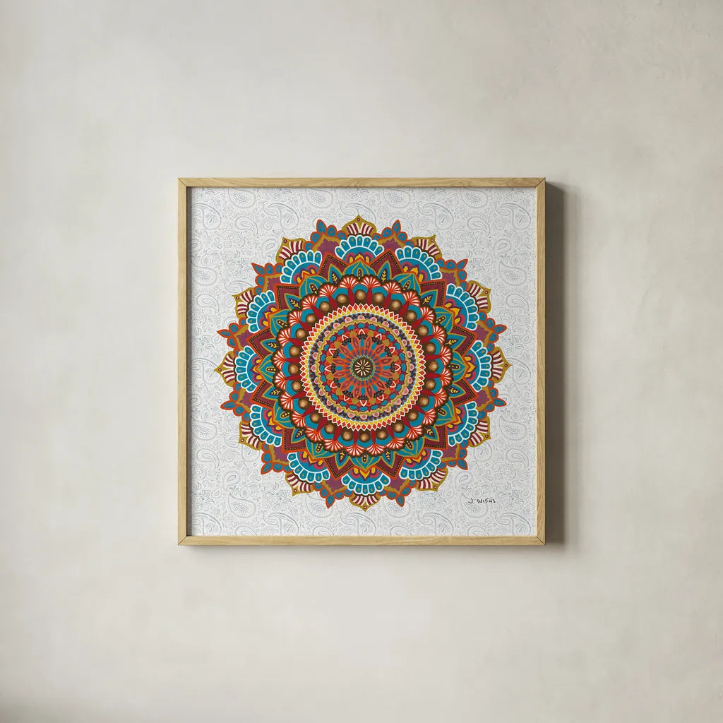 Mandala Dream by James Wiens. Shown in a natural wood glass frame for a timeless modern aesthetic. Available as an archival giclee rolled canvas, fine art paper, or poster print. SKU 37093a.