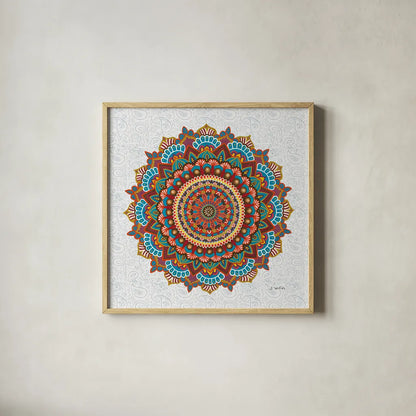 Mandala Dream by James Wiens. Shown in a natural wood glass frame for a timeless modern aesthetic. Available as an archival giclee rolled canvas, fine art paper, or poster print. SKU 37093a.