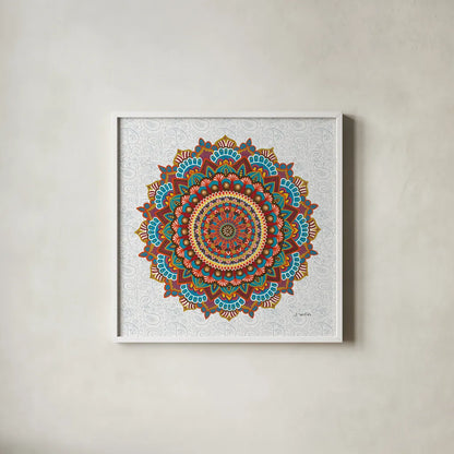 Mandala Dream by James Wiens. Shown in a crisp white glass frame for a clean and minimalist style. Available as an archival giclee rolled canvas, fine art paper, or poster print. SKU 37093a.
