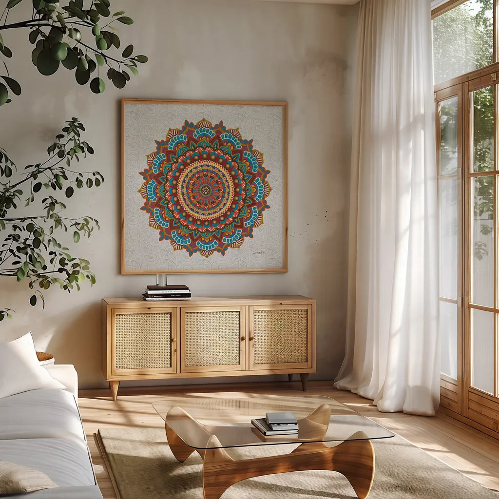 Mandala Dream by James Wiens. Shown in a natural wood frame in a cozy modern living room. Available as an archival giclee rolled canvas, fine art paper, or poster print. SKU 37093a.