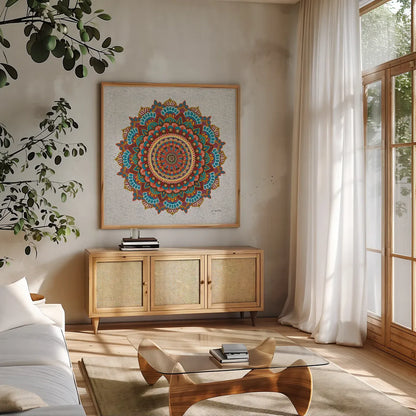 Mandala Dream by James Wiens. Shown in a natural wood frame in a cozy modern living room. Available as an archival giclee rolled canvas, fine art paper, or poster print. SKU 37093a.
