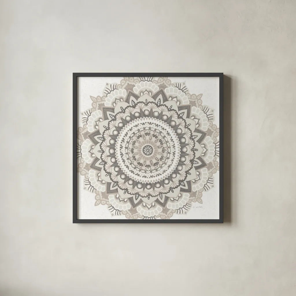 Mandala Dream Neutral Crop by James Wiens. Shown in a sleek black glass frame for a contemporary gallery look. Available as an archival giclee rolled canvas, fine art paper, or poster print. SKU 63999a.