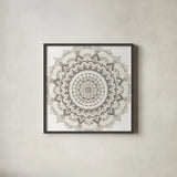 Mandala Dream Neutral Crop by James Wiens. Shown in a sleek black glass frame for a contemporary gallery look. Available as an archival giclee rolled canvas, fine art paper, or poster print. SKU 63999a.
