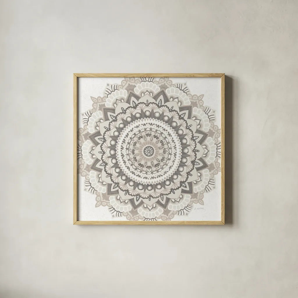 Mandala Dream Neutral Crop by James Wiens. Shown in a natural wood glass frame for a timeless modern aesthetic. Available as an archival giclee rolled canvas, fine art paper, or poster print. SKU 63999a.