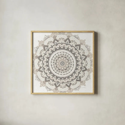 Mandala Dream Neutral Crop by James Wiens. Shown in a natural wood glass frame for a timeless modern aesthetic. Available as an archival giclee rolled canvas, fine art paper, or poster print. SKU 63999a.