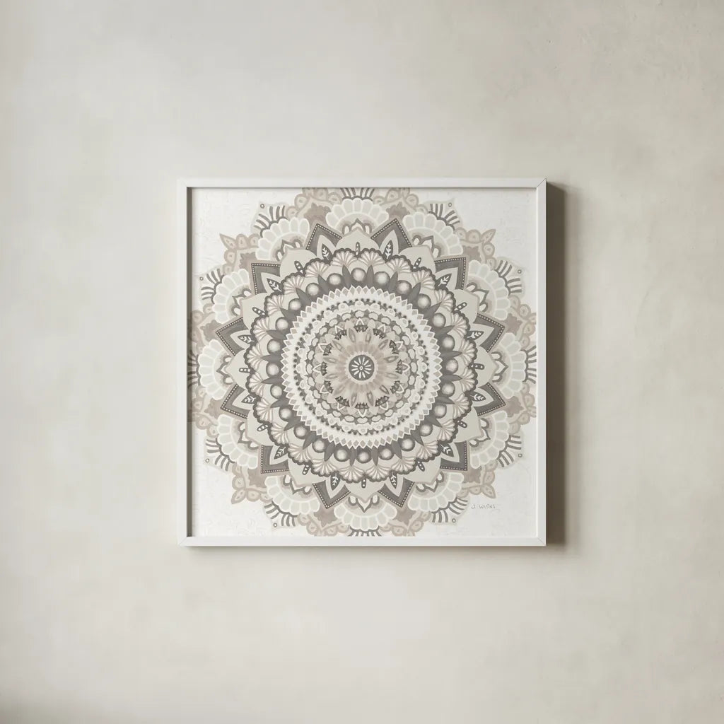 Mandala Dream Neutral Crop by James Wiens. Shown in a crisp white glass frame for a clean and minimalist style. Available as an archival giclee rolled canvas, fine art paper, or poster print. SKU 63999a.