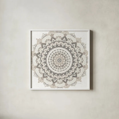 Mandala Dream Neutral Crop by James Wiens. Shown in a crisp white glass frame for a clean and minimalist style. Available as an archival giclee rolled canvas, fine art paper, or poster print. SKU 63999a.