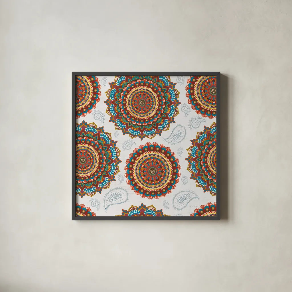 Mandala Dream Pattern IB by James Wiens. Shown in a sleek black glass frame for a contemporary gallery look. Available as an archival giclee rolled canvas, fine art paper, or poster print. SKU 41807a.
