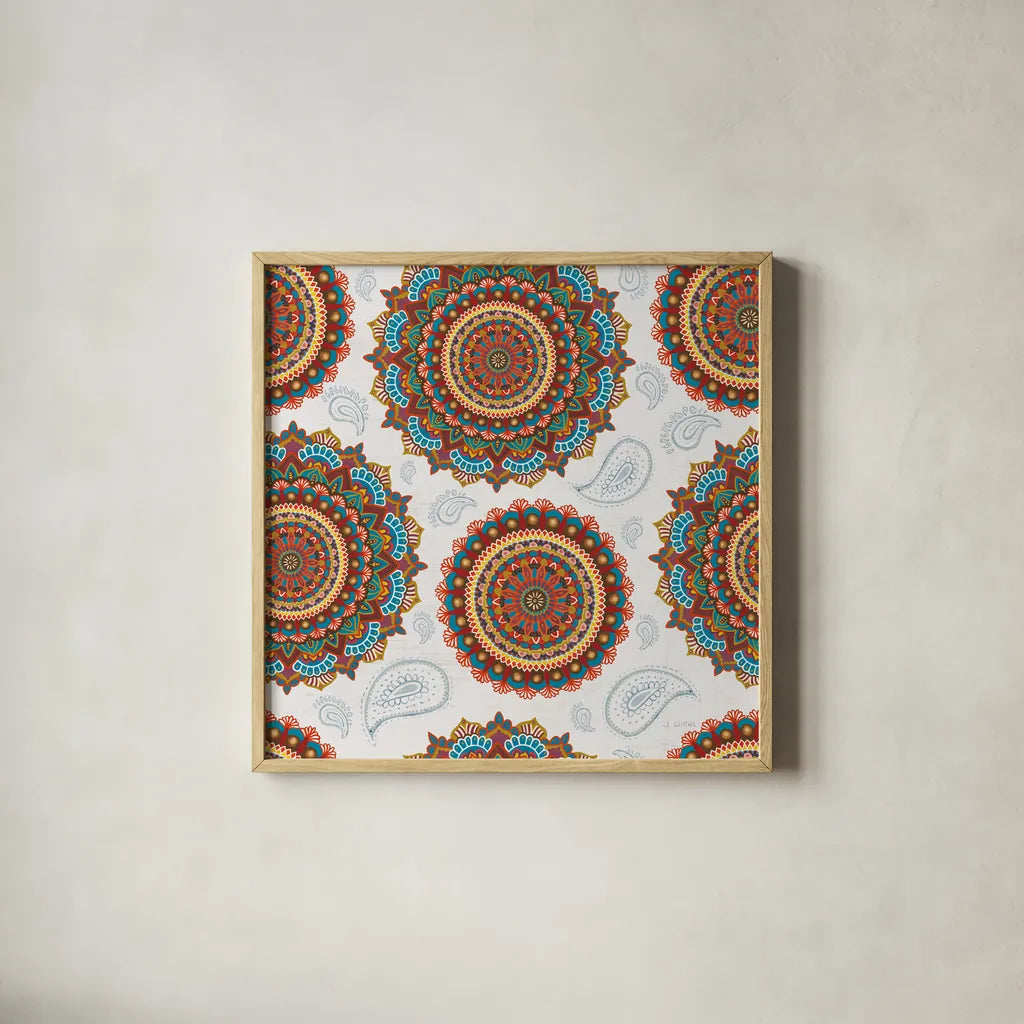 Mandala Dream Pattern IB by James Wiens. Shown in a natural wood glass frame for a timeless modern aesthetic. Available as an archival giclee rolled canvas, fine art paper, or poster print. SKU 41807a.