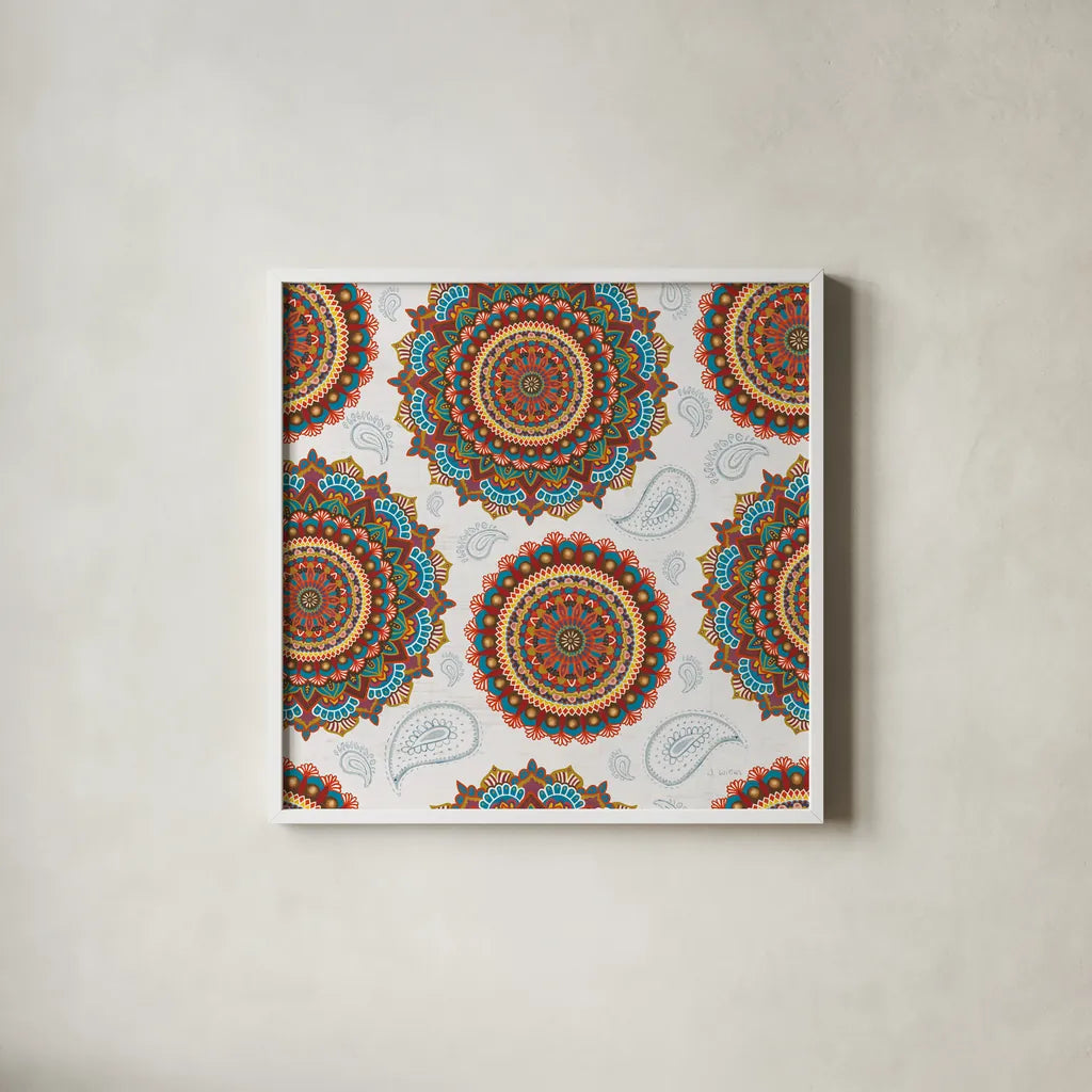Mandala Dream Pattern IB by James Wiens. Shown in a crisp white glass frame for a clean and minimalist style. Available as an archival giclee rolled canvas, fine art paper, or poster print. SKU 41807a.