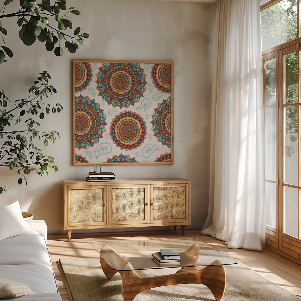 Mandala Dream Pattern IB by James Wiens. Shown in a natural wood frame in a cozy modern living room. Available as an archival giclee rolled canvas, fine art paper, or poster print. SKU 41807a.