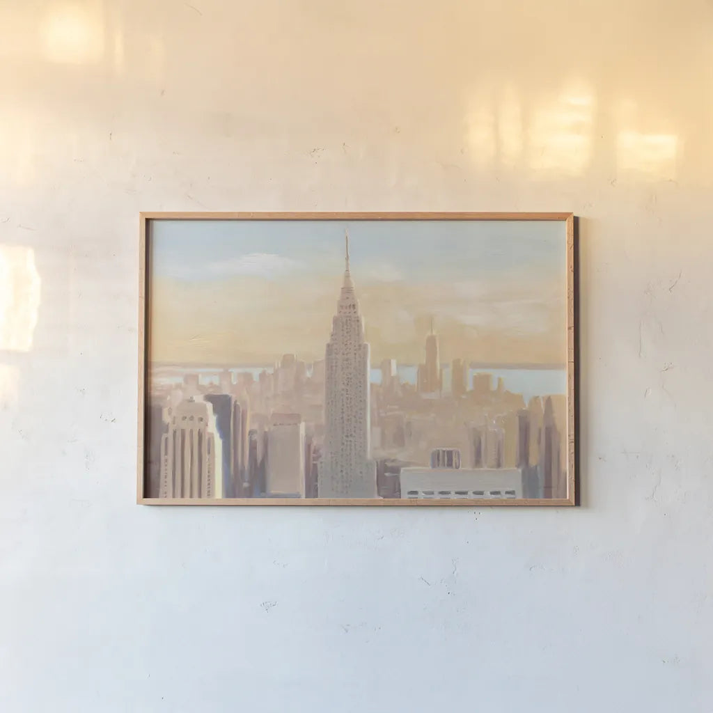 Manhattan Dawn by James Wiens. shown as a paper print in a natural frame. Available as a archival giclee rolled canvas, fine art paper, or poster print. SKU 65981i.