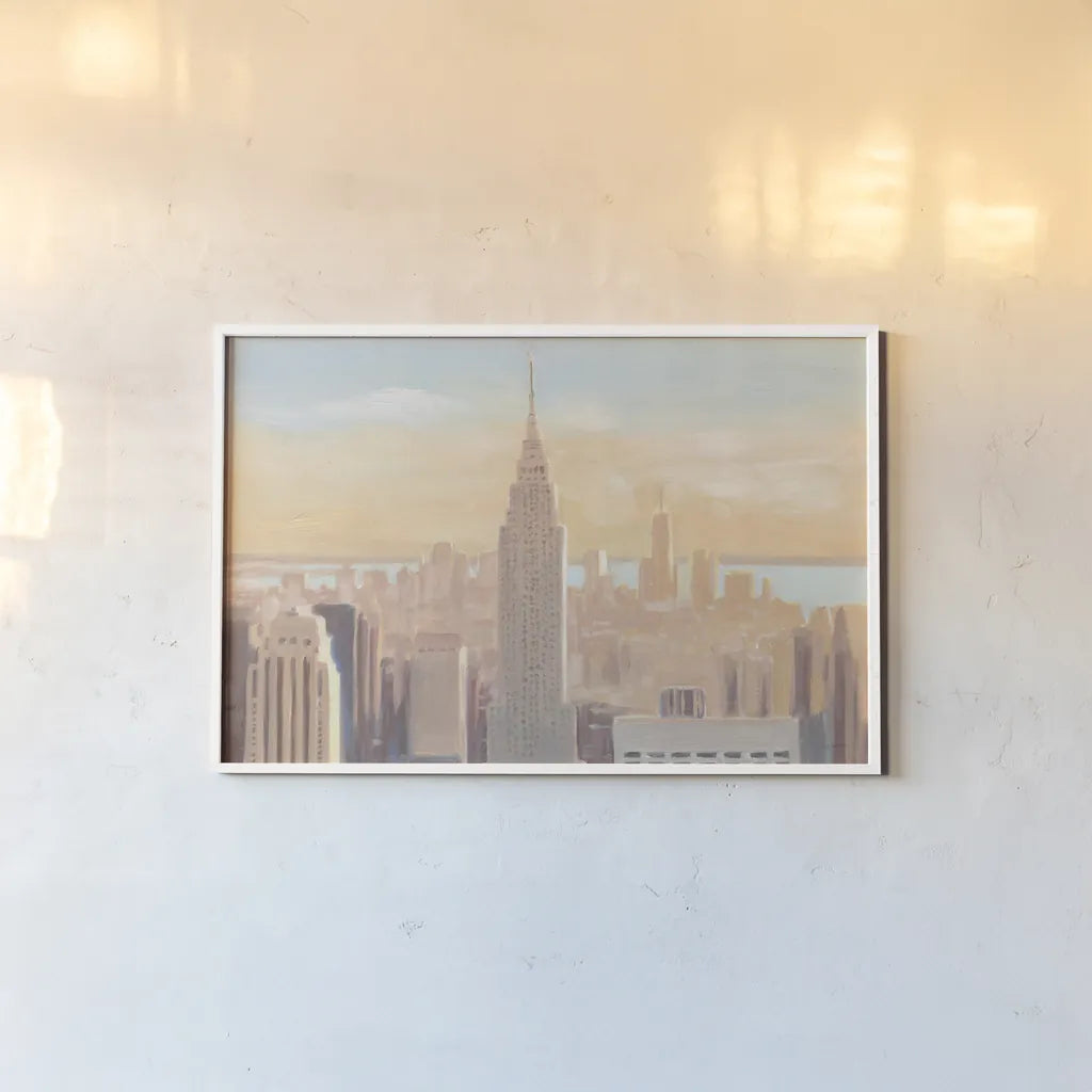 Manhattan Dawn by James Wiens. shown as a paper print in a white frame. Available as a archival giclee rolled canvas, fine art paper, or poster print. SKU 65981i.