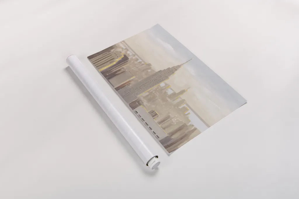Manhattan Dawn Gold and Neutral by James Wiens. shown as a rolled paper print. Available as archival giclee rolled canvas, fine art paper, or poster print. SKU 69084i.