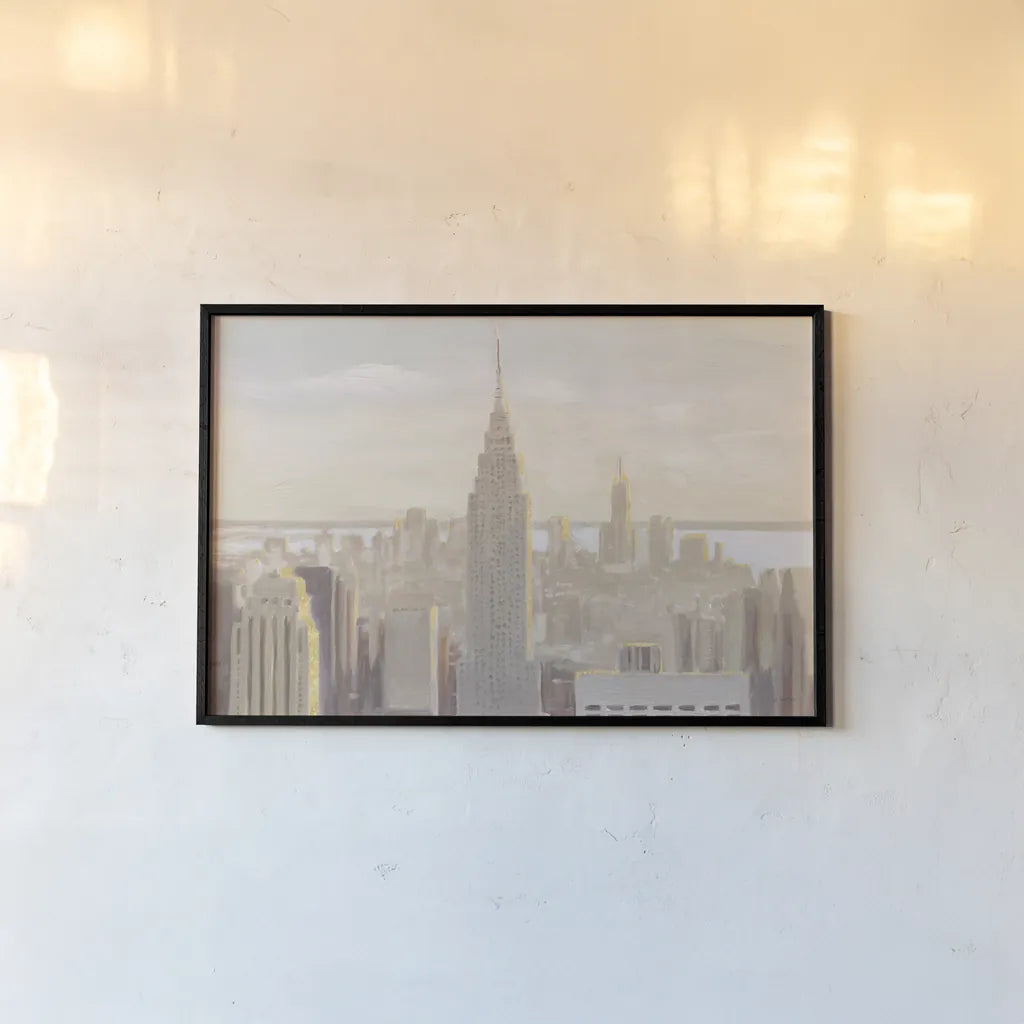 Manhattan Dawn Gold and Neutral by James Wiens. shown as a paper print in a black flame. Available as a archival giclee rolled canvas, fine art paper, or poster print. SKU 69084i.