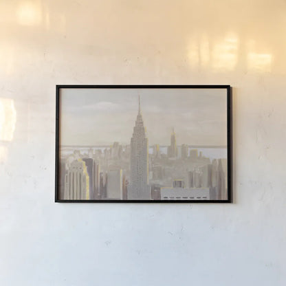 Manhattan Dawn Gold and Neutral by James Wiens. shown as a paper print in a black flame. Available as a archival giclee rolled canvas, fine art paper, or poster print. SKU 69084i.