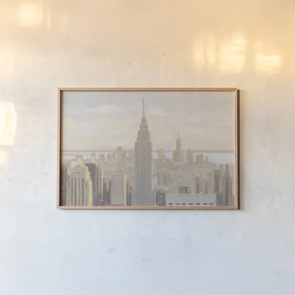 Manhattan Dawn Gold and Neutral by James Wiens. shown as a paper print in a natural frame. Available as a archival giclee rolled canvas, fine art paper, or poster print. SKU 69084i.