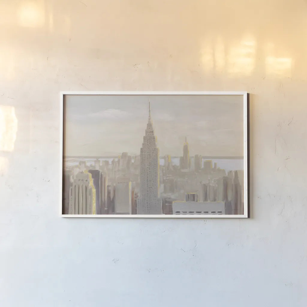 Manhattan Dawn Gold and Neutral by James Wiens. shown as a paper print in a white frame. Available as a archival giclee rolled canvas, fine art paper, or poster print. SKU 69084i.
