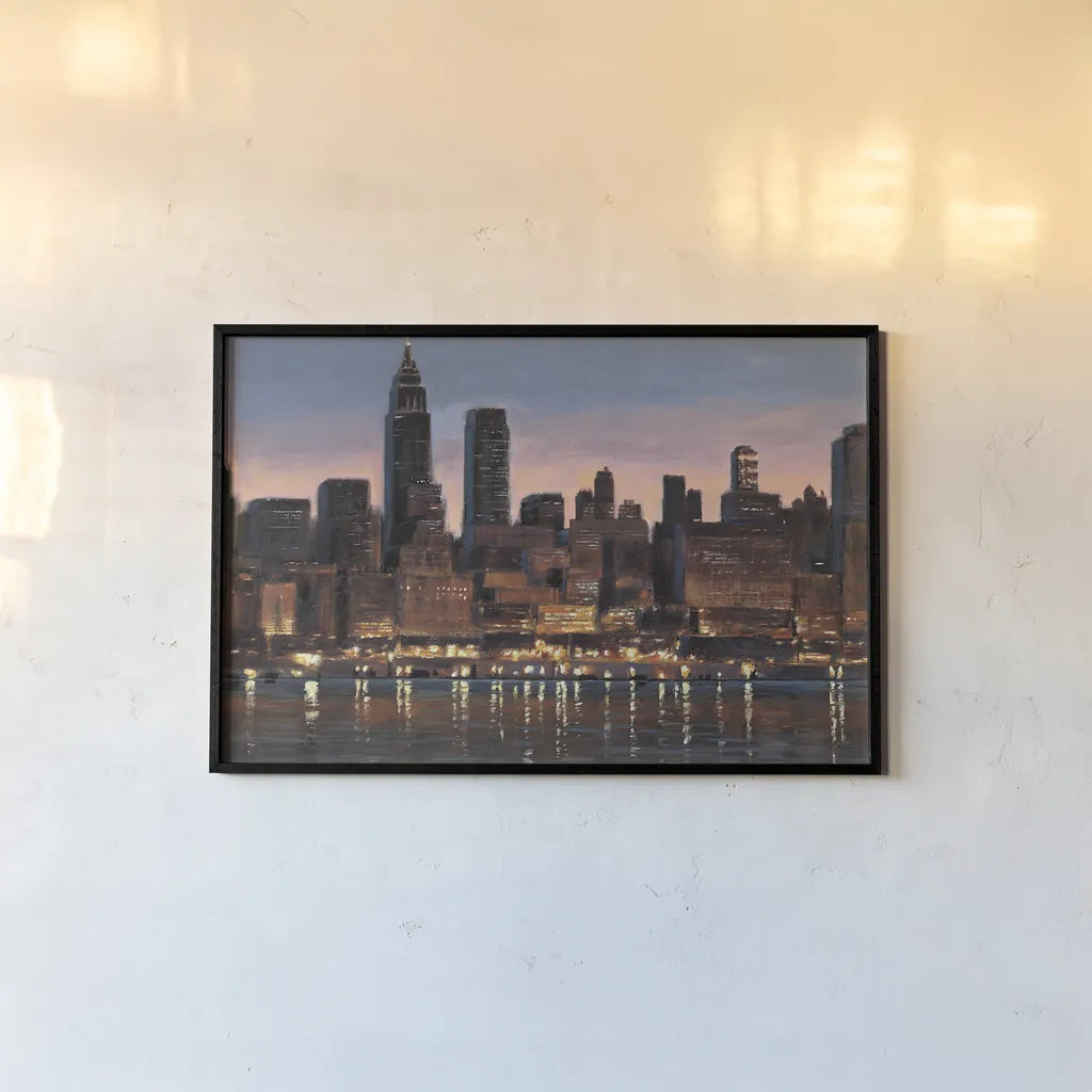 Manhattan Reflection by James Wiens. shown as a paper print in a black flame. Available as a archival giclee rolled canvas, fine art paper, or poster print. SKU 13551i.
