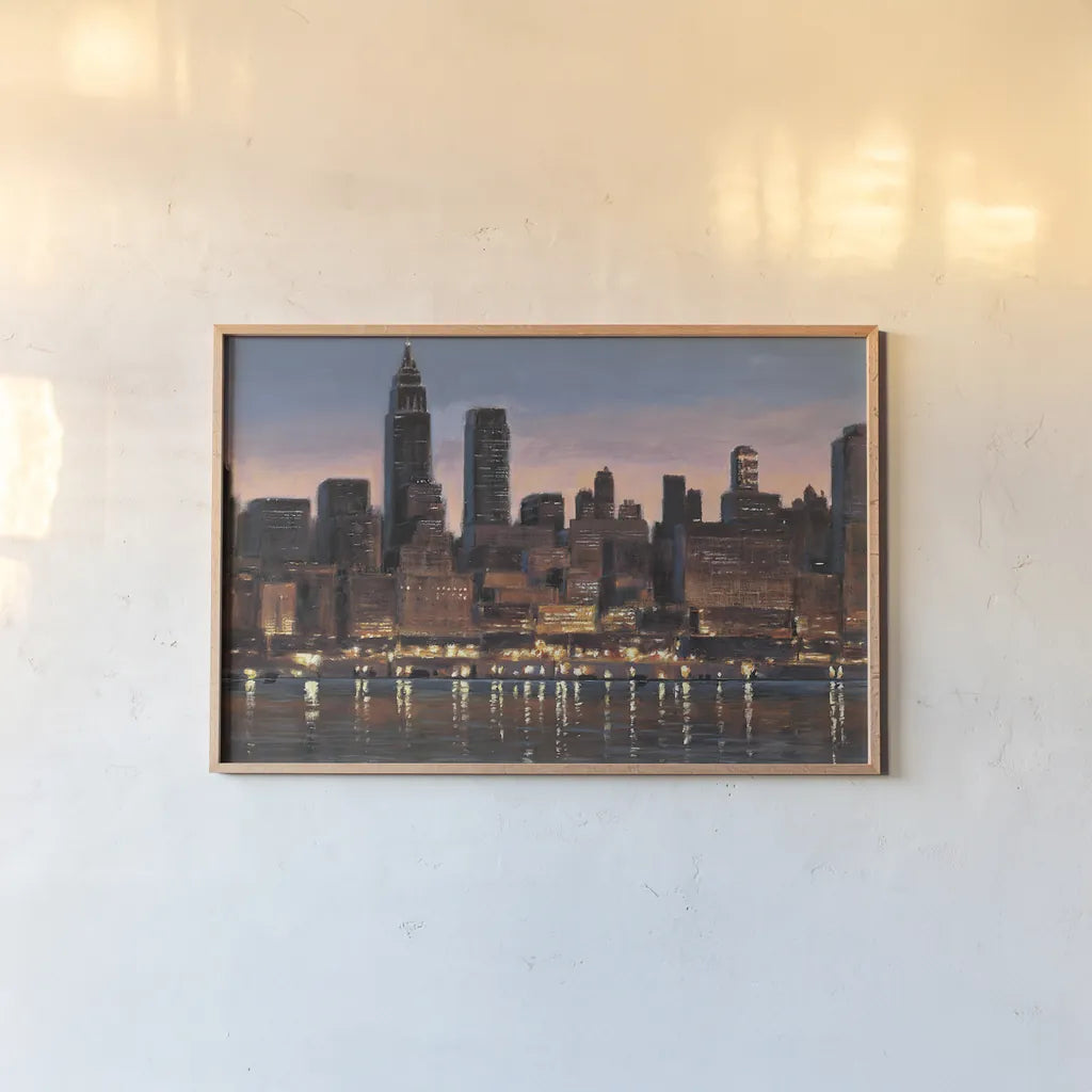 Manhattan Reflection by James Wiens. shown as a paper print in a natural frame. Available as a archival giclee rolled canvas, fine art paper, or poster print. SKU 13551i.
