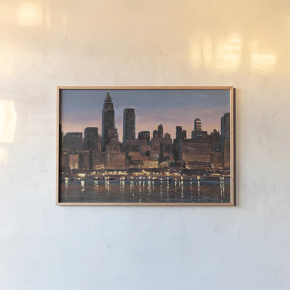 Manhattan Reflection by James Wiens. shown as a paper print in a natural frame. Available as a archival giclee rolled canvas, fine art paper, or poster print. SKU 13551i.