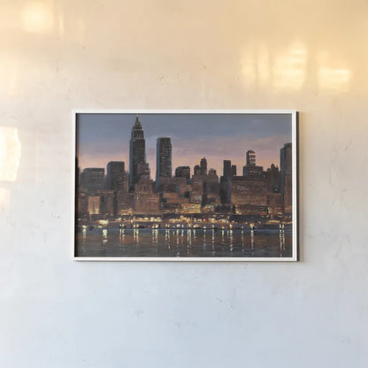 Manhattan Reflection by James Wiens. shown as a paper print in a white frame. Available as a archival giclee rolled canvas, fine art paper, or poster print. SKU 13551i.