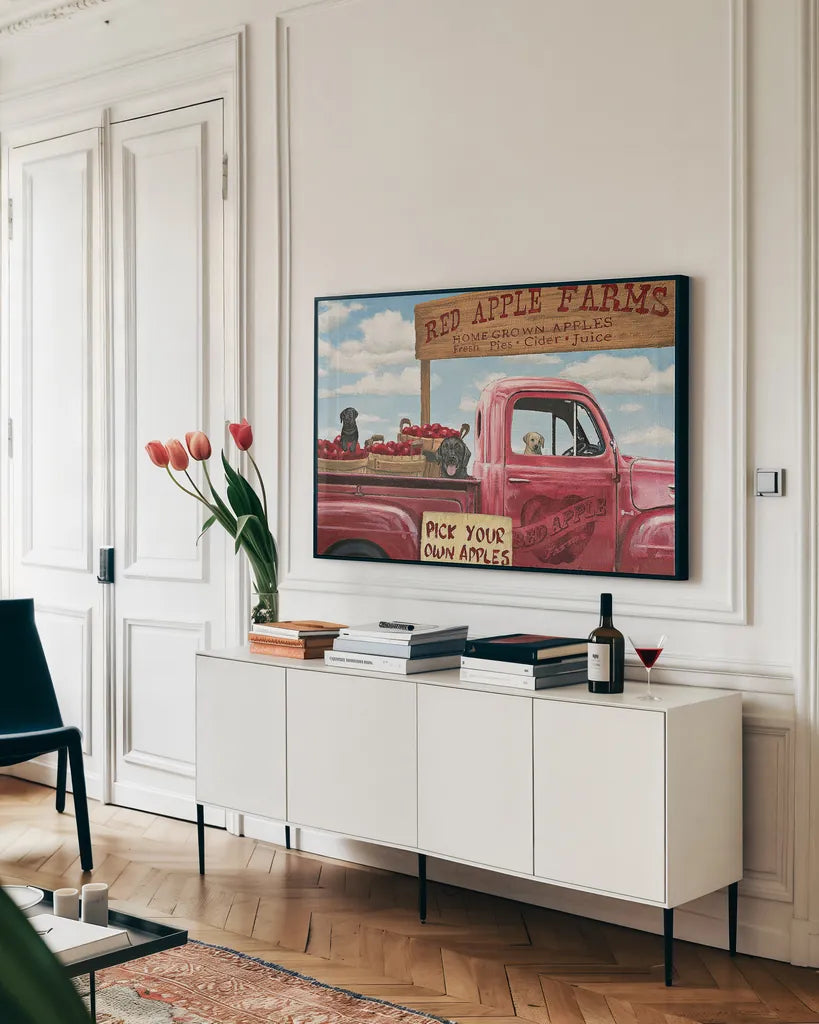 Market Season Crop by James Wiens. shown as a framed stretched canvas in a living room above a console. Available as a archival giclee rolled canvas, fine art paper, or poster print. SKU 18531i.