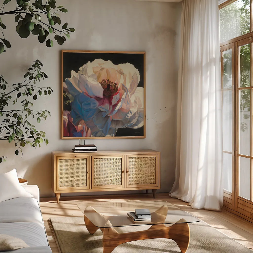 Morning Glow I by James Wiens. Shown in a natural wood frame in a cozy modern living room. Available as an archival giclee rolled canvas, fine art paper, or poster print. SKU 13525a.