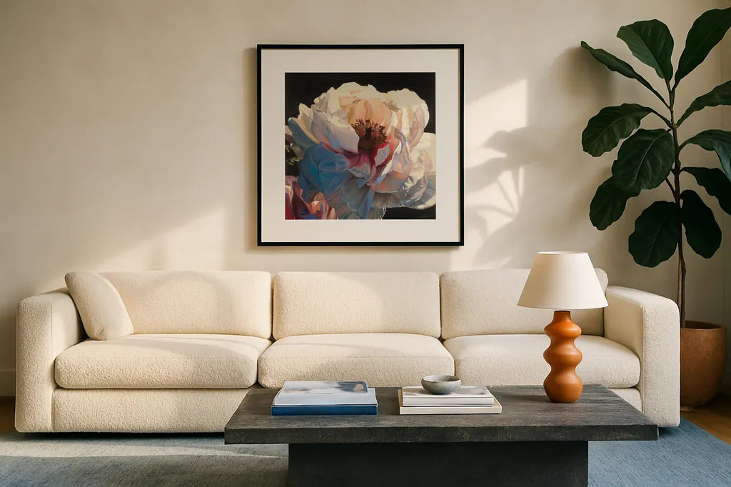 Morning Glow I by James Wiens. Displayed in a glass frame with matte in a clean modern living room. Available as an archival giclee rolled canvas, fine art paper, or poster print. SKU 13525a.