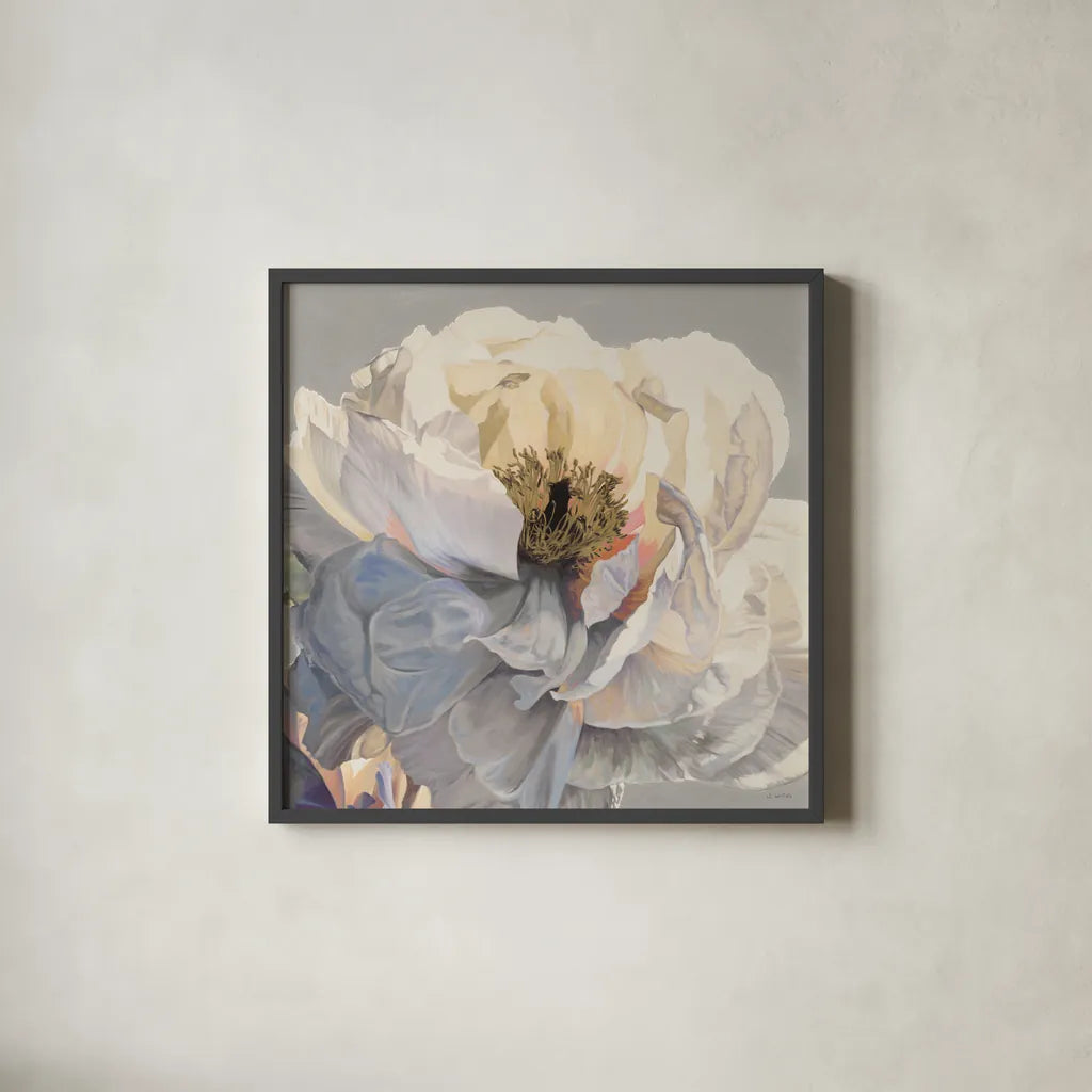 Morning Glow I Neutral by James Wiens. Shown in a sleek black glass frame for a contemporary gallery look. Available as an archival giclee rolled canvas, fine art paper, or poster print. SKU 63220a.