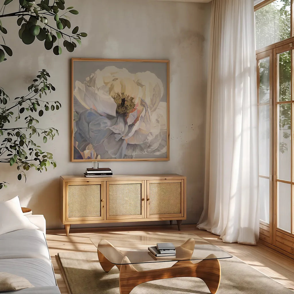 Morning Glow I Neutral by James Wiens. Shown in a natural wood frame in a cozy modern living room. Available as an archival giclee rolled canvas, fine art paper, or poster print. SKU 63220a.