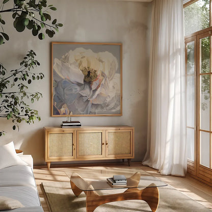 Morning Glow I Neutral by James Wiens. Shown in a natural wood frame in a cozy modern living room. Available as an archival giclee rolled canvas, fine art paper, or poster print. SKU 63220a.