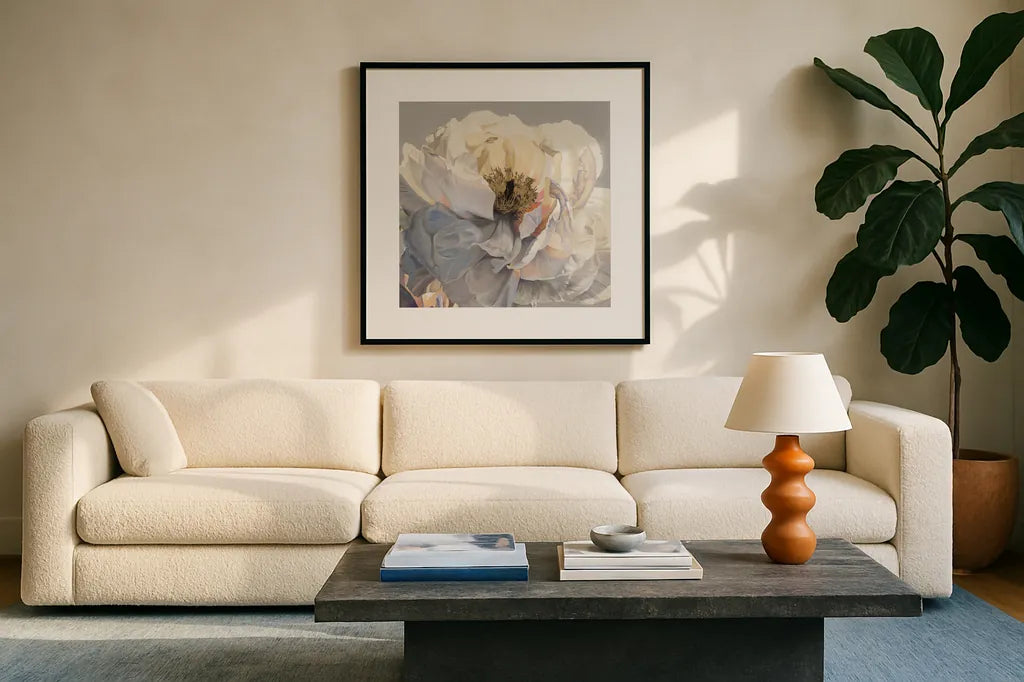 Morning Glow I Neutral by James Wiens. Displayed in a glass frame with matte in a clean modern living room. Available as an archival giclee rolled canvas, fine art paper, or poster print. SKU 63220a.