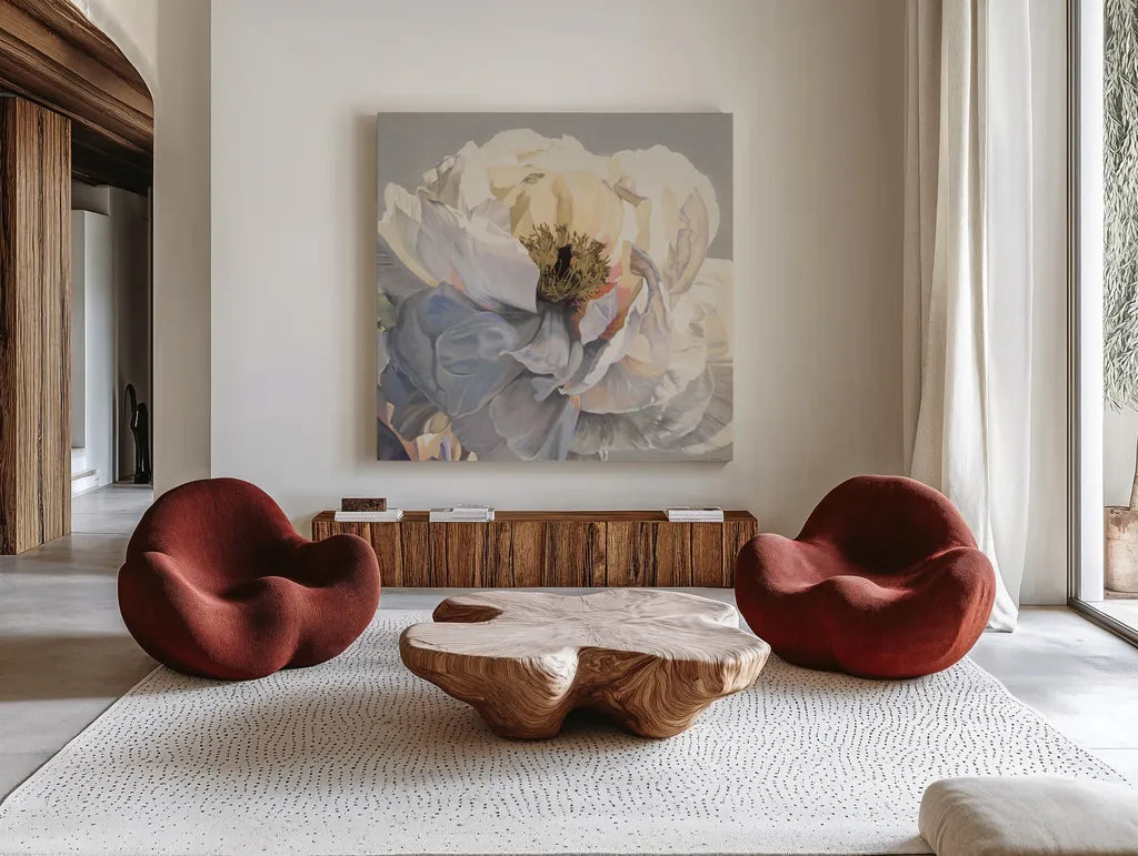 Morning Glow I Neutral by James Wiens. Shown as extra-large giant wall art in a modern living room. Available as an archival giclee rolled canvas, fine art paper, or poster print. SKU 63220a.