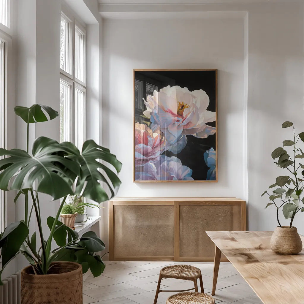 Morning Glow II by James Wiens. shown as a print in a natural wood frame in a dining room. Available as a archival giclee rolled canvas, fine art paper, or poster print. SKU 13526h.